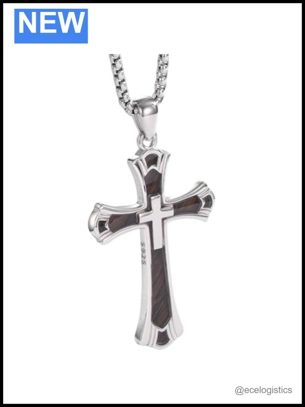 925 Sterling Silver Wood Cross Necklace Men 22" Rolo Chain